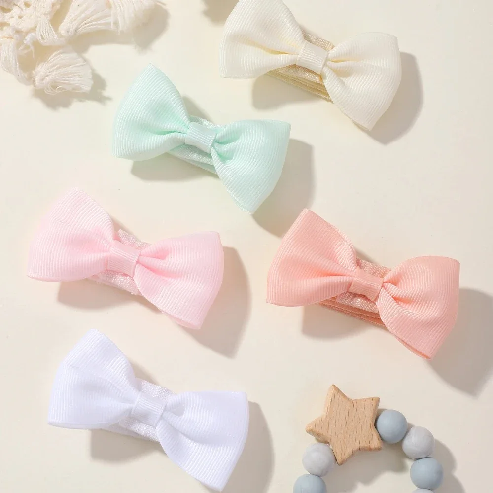5 ชิ้น/เซ็ตสีทึบ Grograin ริบบิ้น Bowknot สําหรับสาวใหม่ Headwear ผมวงยืดหยุ่นผมเด็กทารกอุปกรณ์เสริมผม