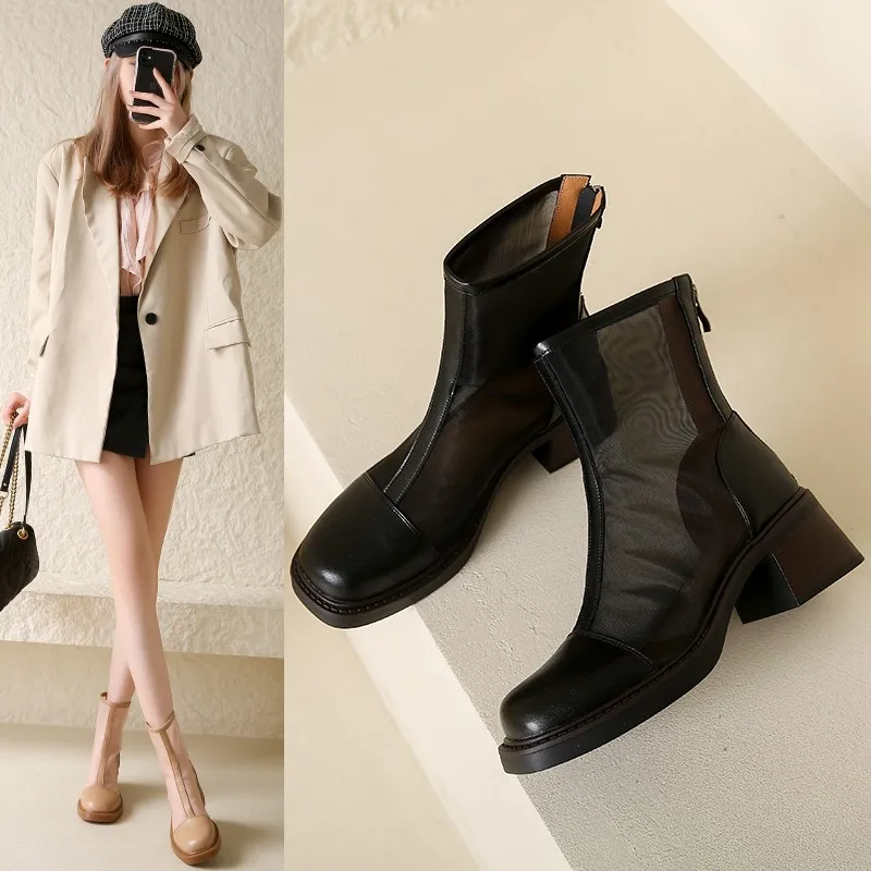 2024 New Ladies Square Toe Super High Heel Summer Boots Solid Color Fashion Sunscreen Rear Zipper Comfortable Mesh Ankle