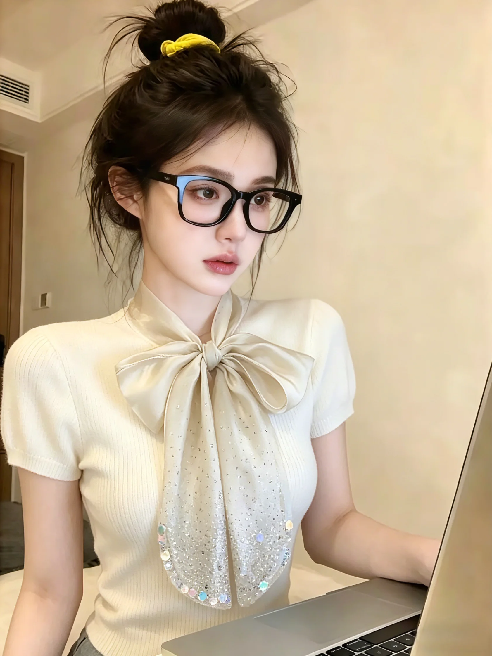 

Sweet Style Short Sleeve Knitted Sweater with Scarf Belt Summer Collection Beautiful Shiny Silk Women's Top round Neck Regula...