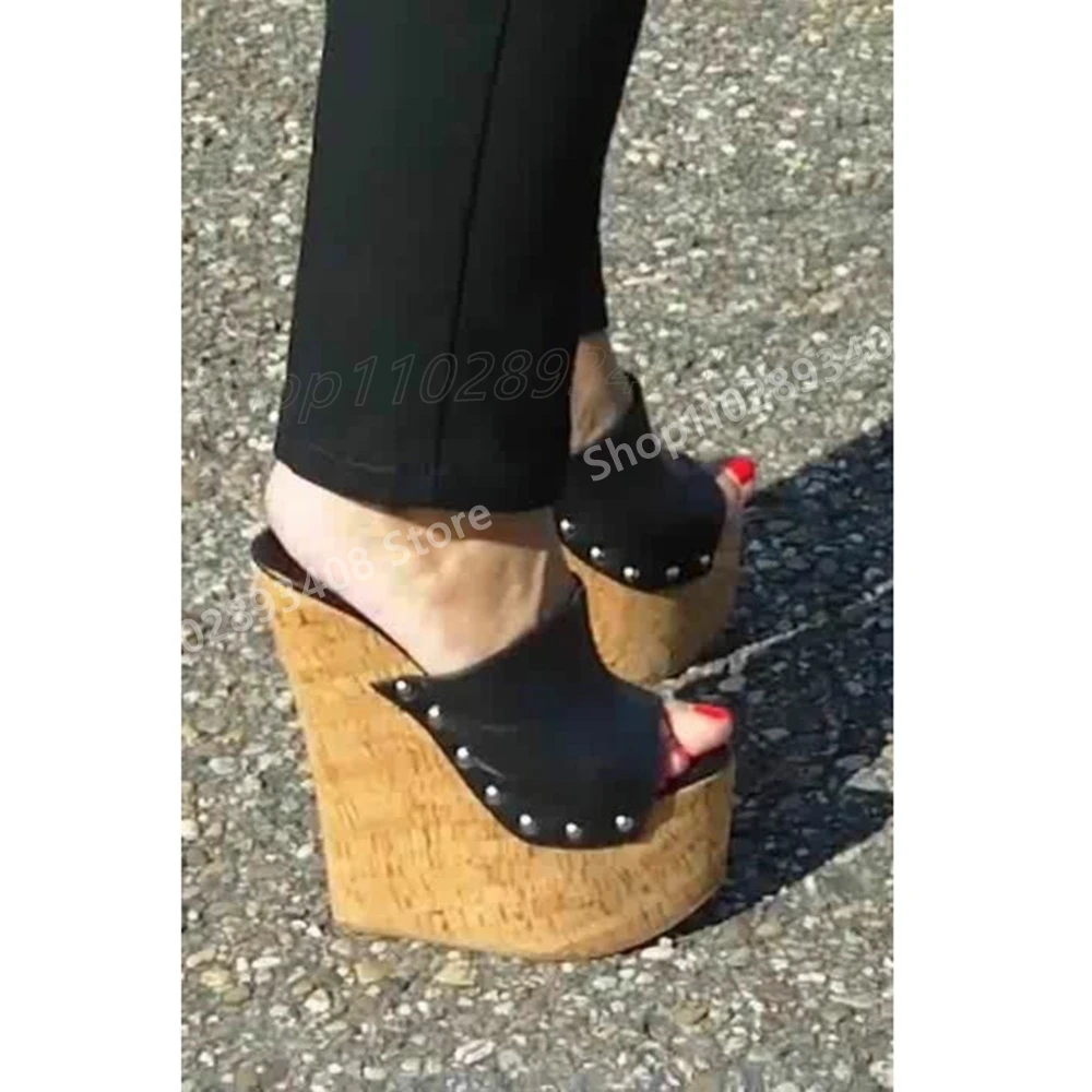 

Black Metal Round Rivets Elegant Slippers Peep Toe Leather Wedges High Heel Fashion Sexy Women Shoes 2025 New Summer Para Mujere