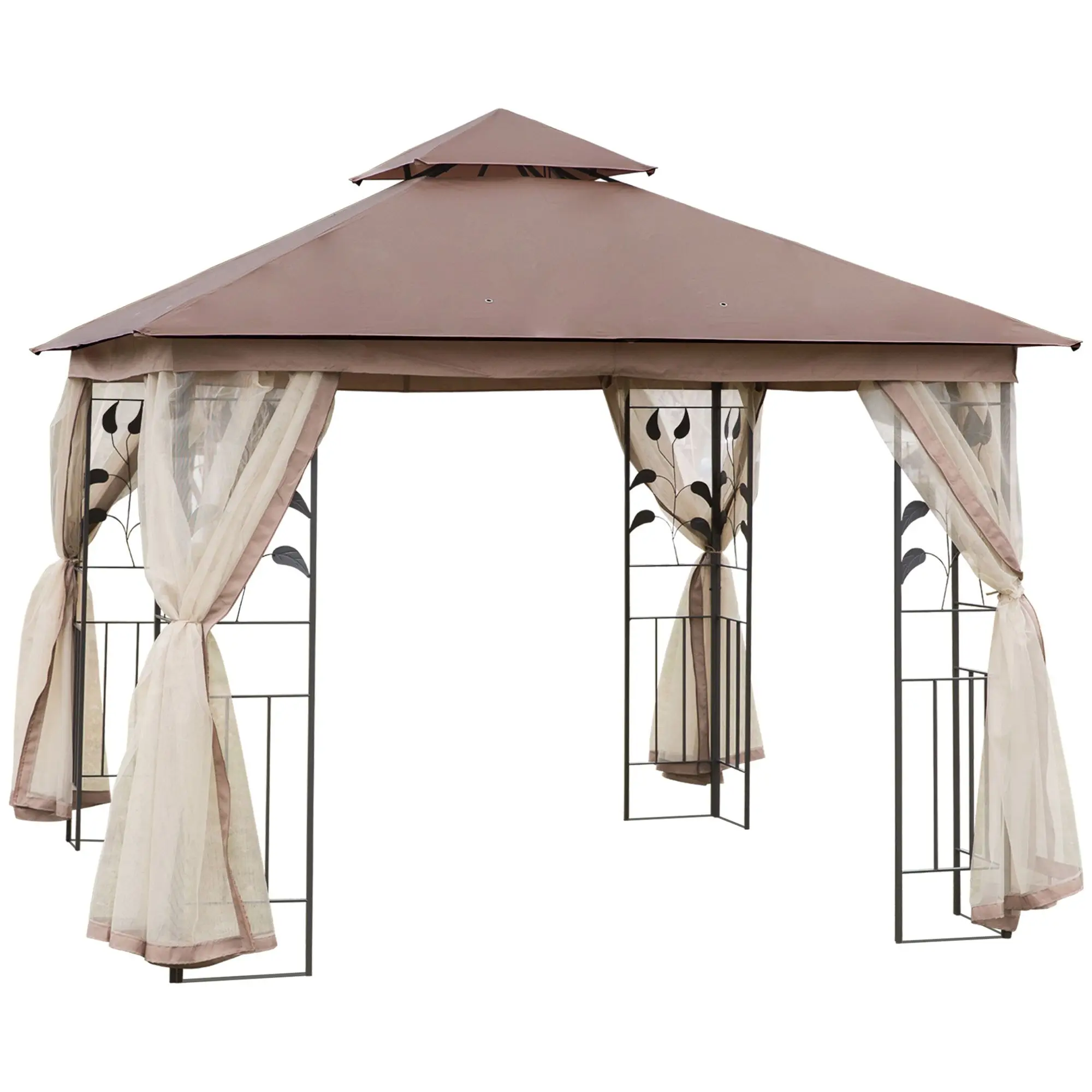 

For Outsunny 10' x 10' Outdoor Patio Gazebo Canopy with 2-Tier Polyester Roof, Netting, Curtain Sidewalls, and Steel Frame, Brow