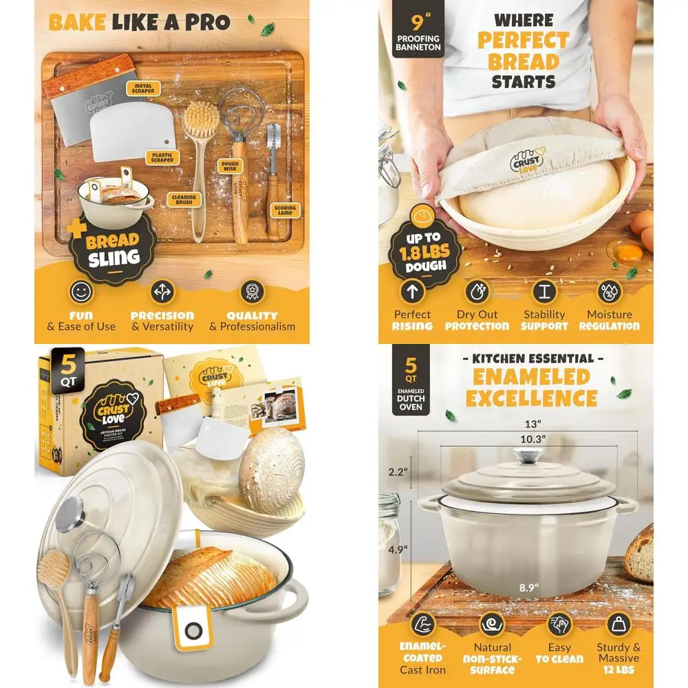 

Enameled Cast Iron Dutch Oven, 5QT, for Sourdough & Bread Baking with Banneton, Lame, and Baking Pan