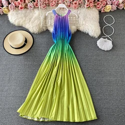 Summer Holiday Beach Dress Sexy Halter Neck Off-shoulder Dress Female Gradient Color Temperament Large Pleated Long Dresses