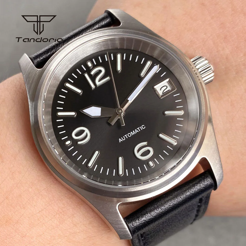 Tandorio 36mm Pilot nh35 Tauch Herren automatische Taucher uhr Datum 20atm mechanische Stahl Armbanduhr für Dame Leder schwarz Zifferblatt Lume