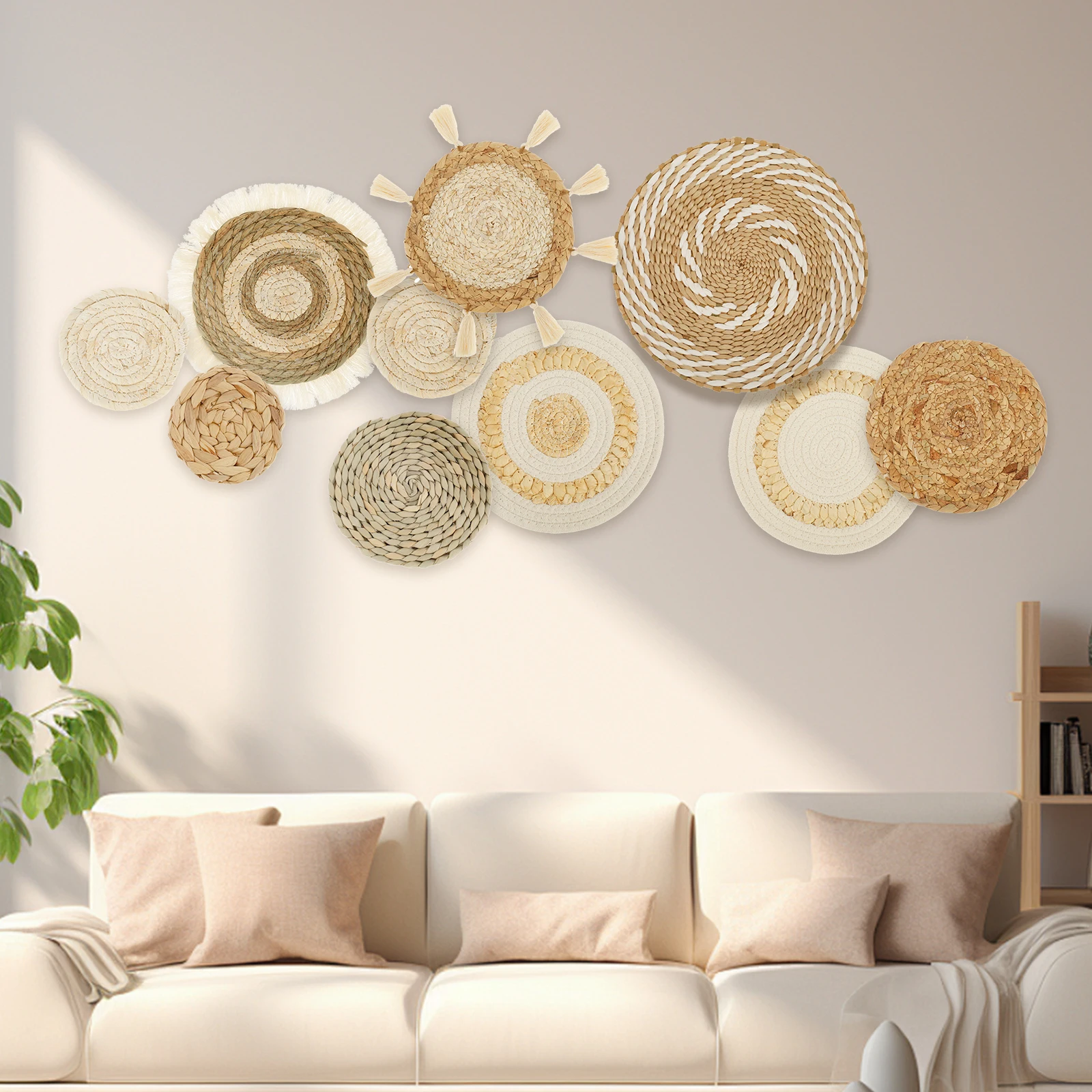 10/9 Stück Boho-Wandbehang, handgefertigt, gewebter Korb, Wanddekoration, runde Quasten, Makramee-Wandteppich, Wanddekoration, Kunst für Wanddekoration