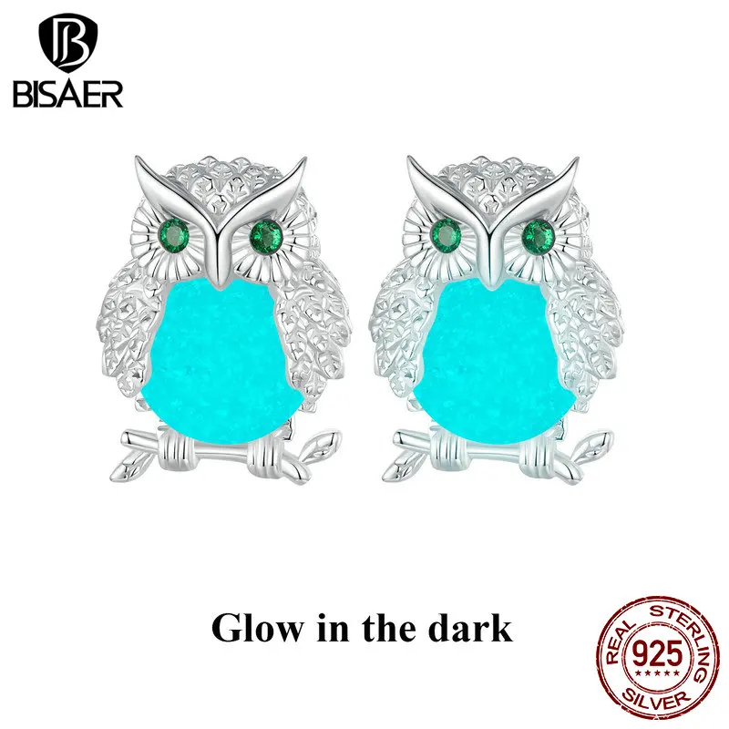 BISAER 925 Sterling Silver Luminous Night Owl Stud Earrings Cute Animal Ear Clip For Woman Original Plated Platinum Fine Jewelry