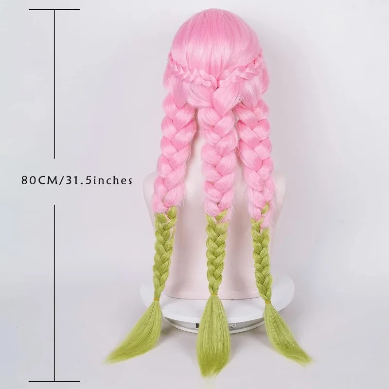 Beauty Anime Pink and Green Wig Kanroji Mitsuri Cosplay Braided Hair with Pigtails for Women Halloween Carnival Comic-Con Party
