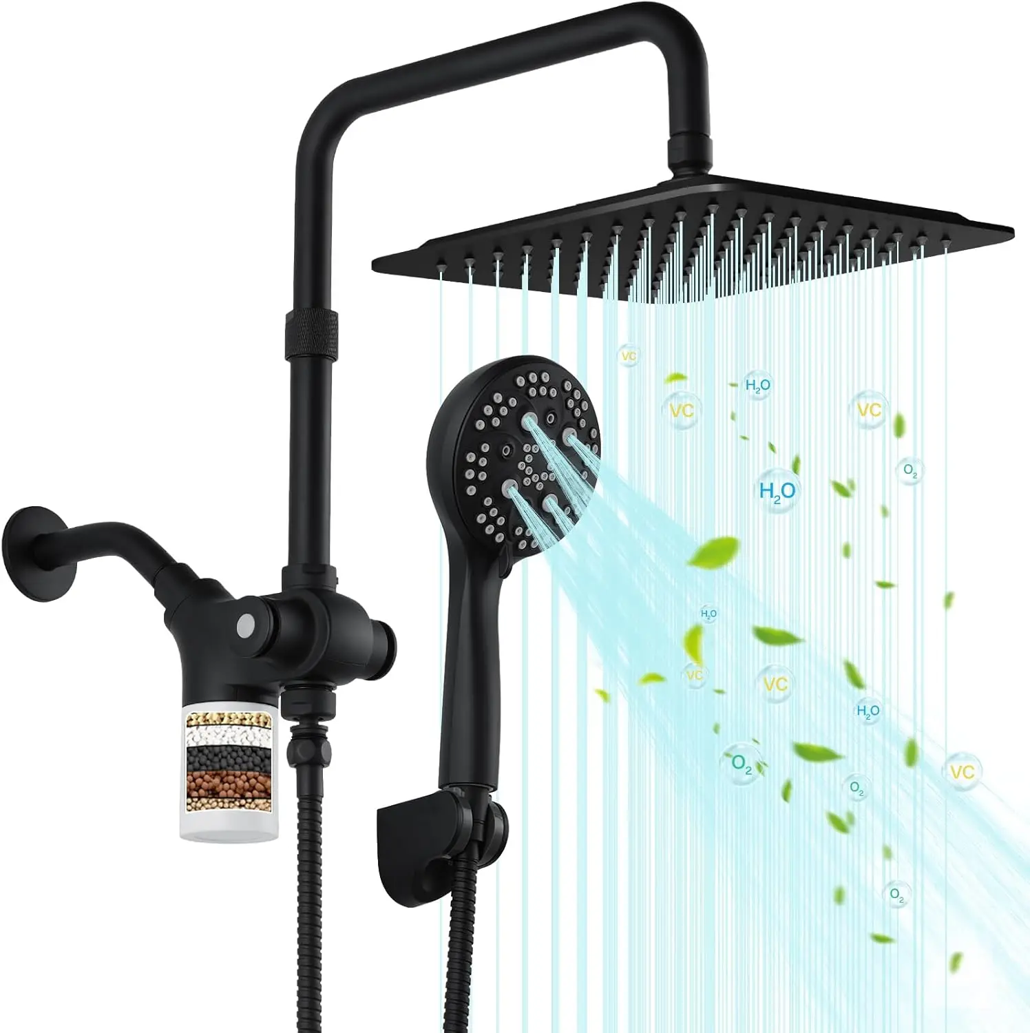 

10-Inch Filtered Shower Head, 7 Settings High Pressure Dual Combo with Handheld Spray, Adjustable Height Matte Black