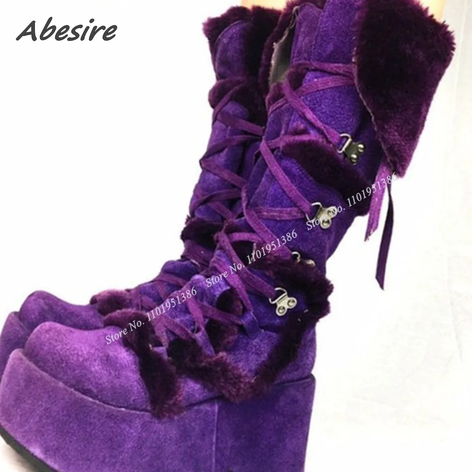 Abesire Purple Fur Decor Platform Boots Lace up Wedges Heel Round Toe Shoes for Women Chunky High Heel New Zapatillas Mujer