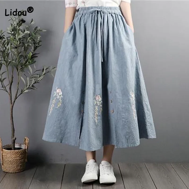 Vintage Casual Solid Embroidery Spliced Loose Skirt Summer Women\'s Clothing Fashion All-match Elastic High Waist A-Line Skirts