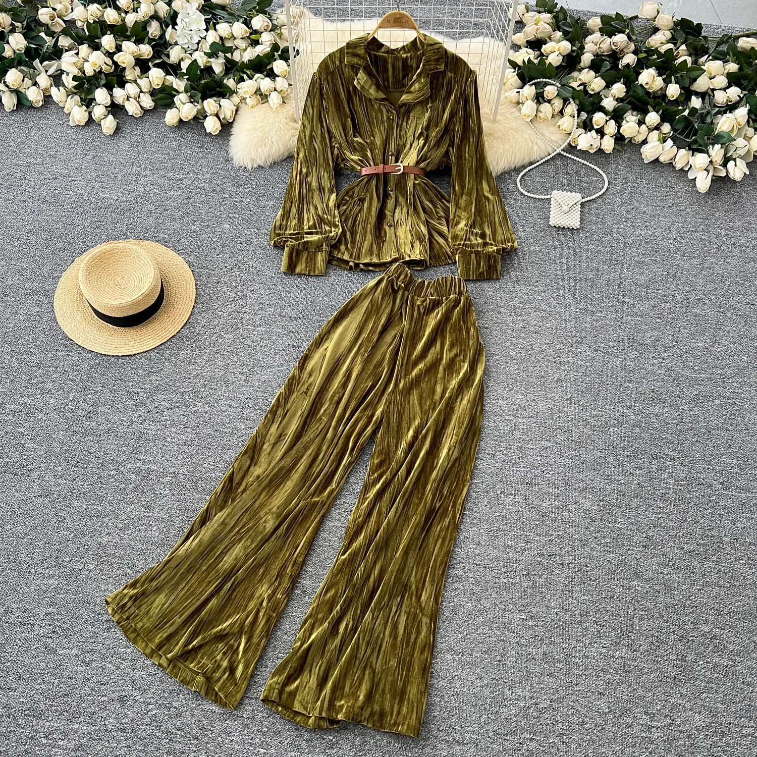 Chic Women Two-Piece Sets Slim Turn-down Collar Lantern Sleeve Bandage Top and High Waist Wide Leg Pants High Street Clothing