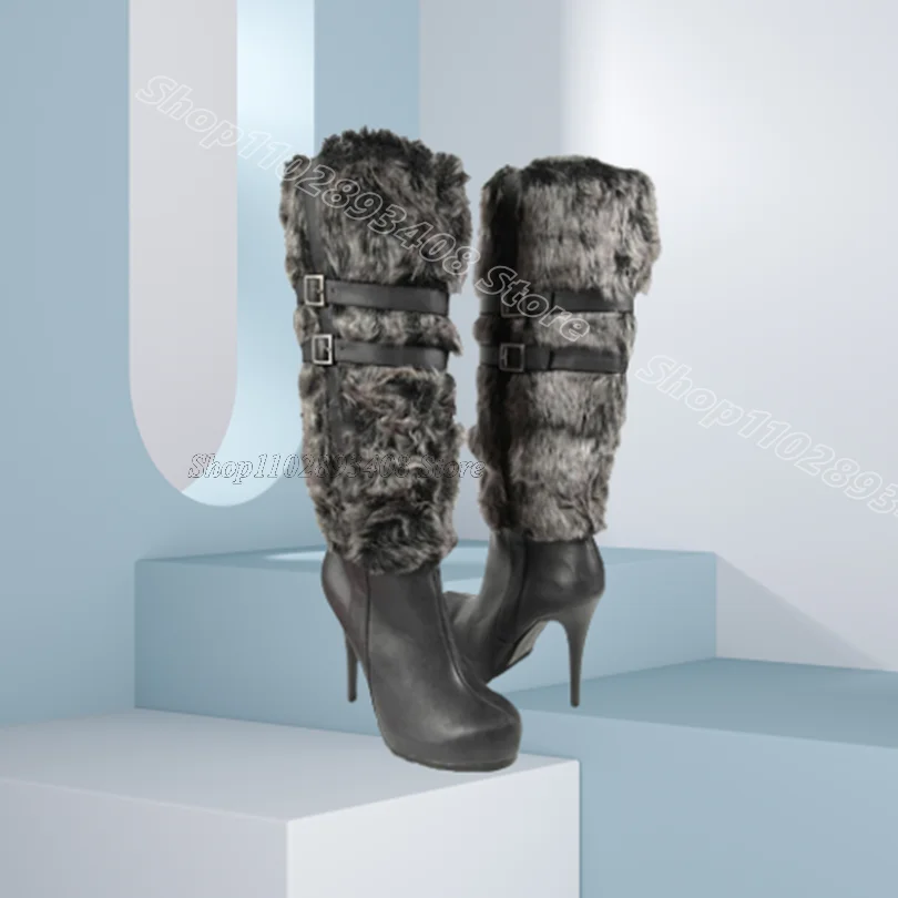 

Black Fur Buckle Warm Boots Stiletto Winter British Style New Fashion Women Casual Party Knee Boots 2026 Zapatos Para Mujere