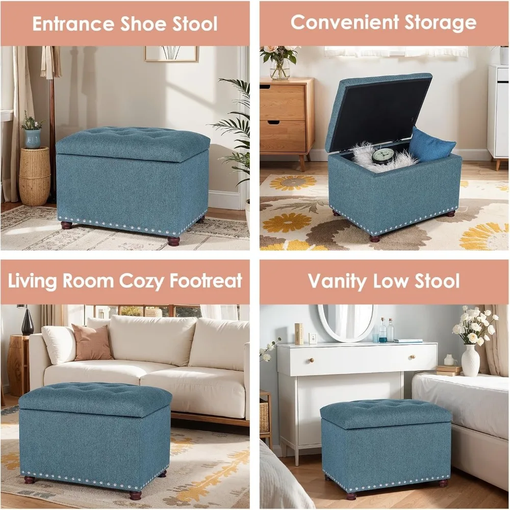 24 Inch Ottoman with Storage, Upholstered Linen Fabric Cube Stool, Small Hinged Footrest for Living Room