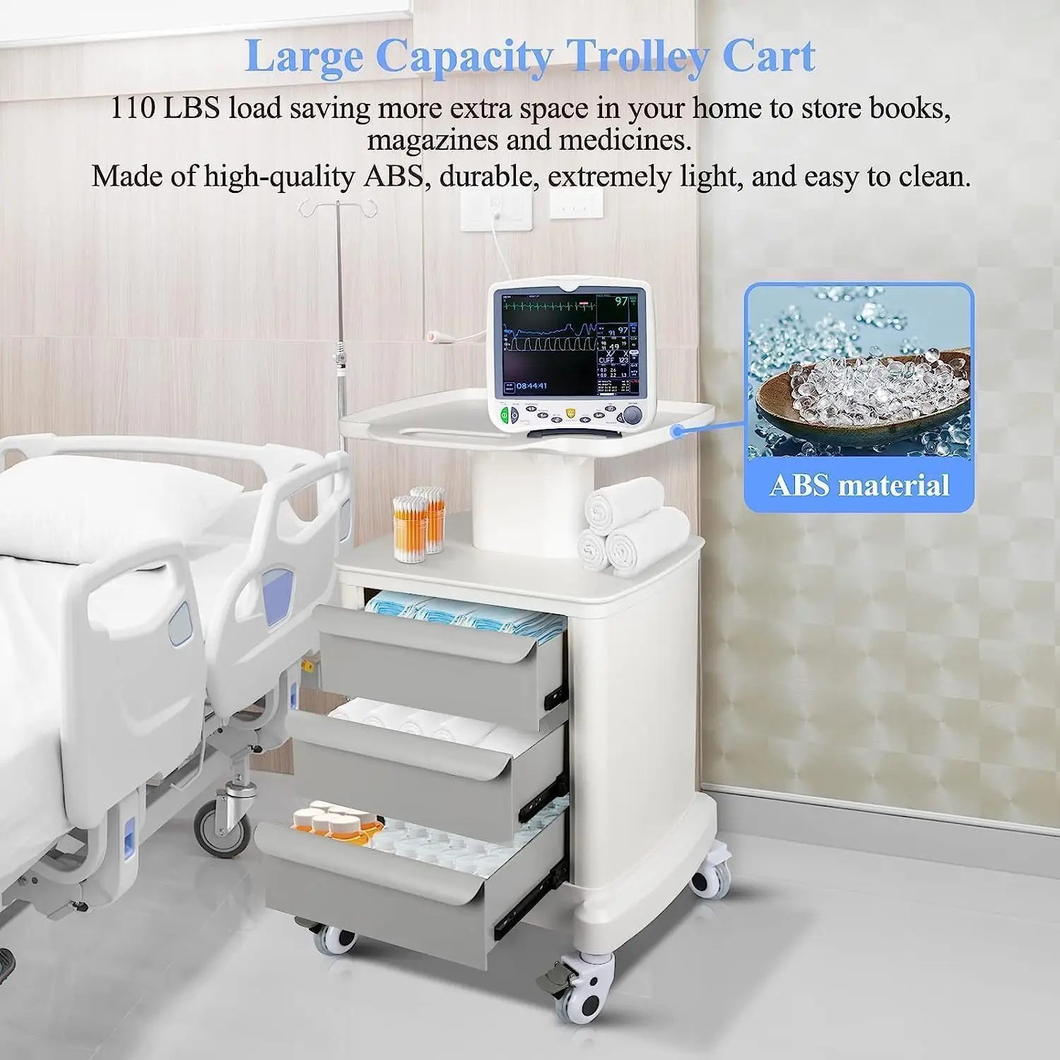 Mobile Ultrasound Cart For Ultrasound Imaging Scanner Medical Trolley Cart Beauty Storage Cart 110Lbs Load With 4 Universal