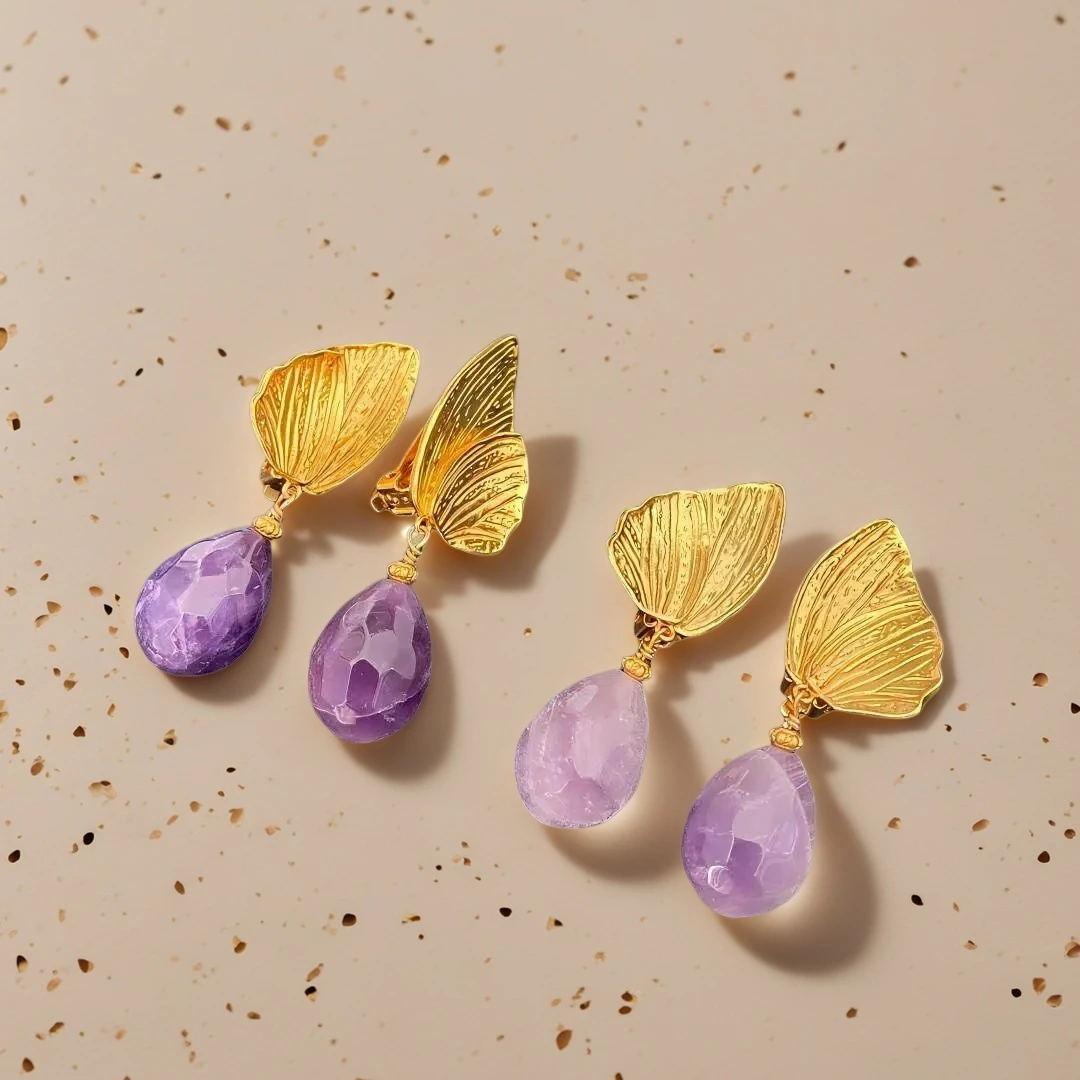 Yuri Ailey Gold Butterfly Clip On Earrings Women Water Drop Natural Amethyst Dangle Ear Cuffs Textured Wing Statement Earrings