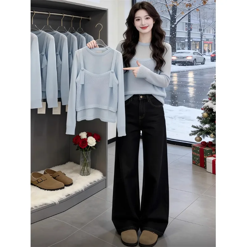

Korean Style Fake Two-Piece Knitted Sweater Women's Spring Autumn New Unique Beautiful Top Quality Original Chinese Made