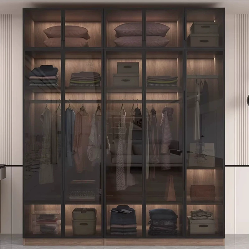 Custom 60cm Deep Glass Door Wardrobe Luxury Corner Walk-in Closet with LED Light for Kids & Small Bedroom designer furniture