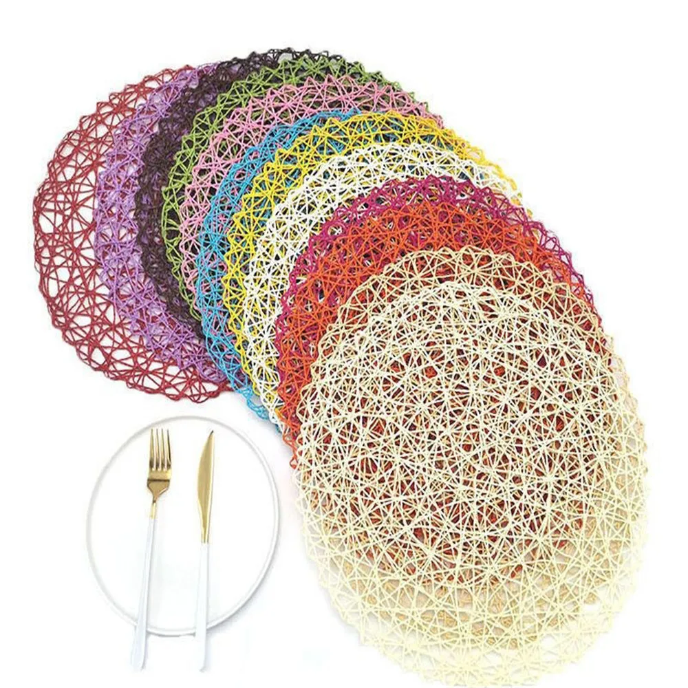 4Packs Round Paper Woven Placemats Wood placemats Rattan placemats Brown Paper Straw placemats for Dining Party Wedding