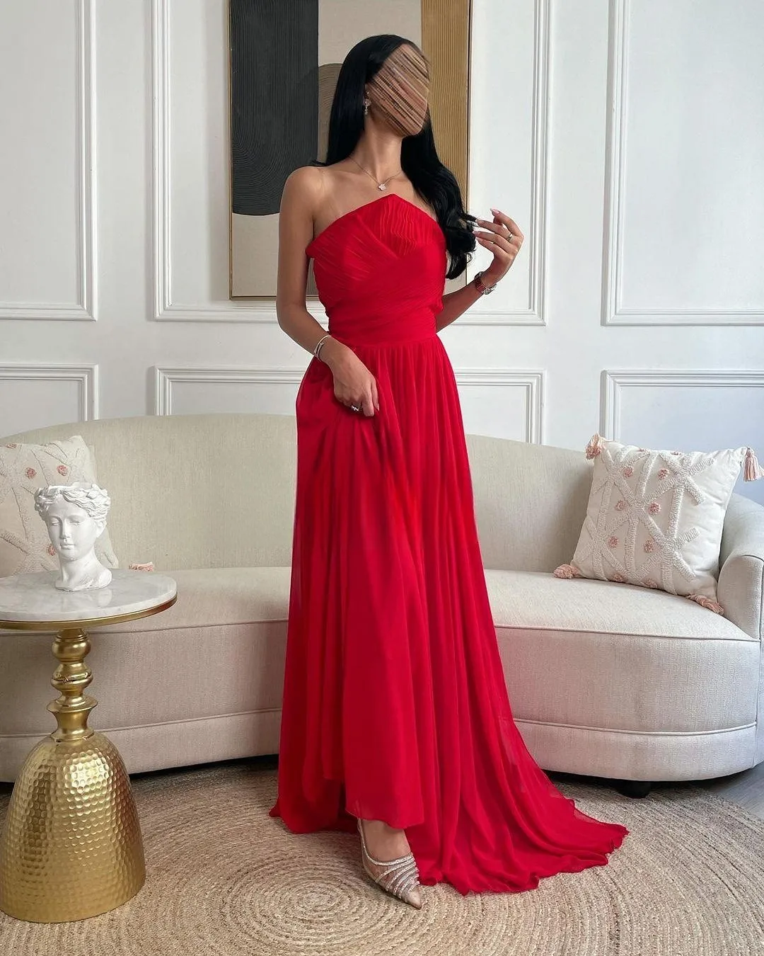 Customized Women Evening Dresses Red Chiffon Long Prom Dresses Strapless Pleated Side Split Party Gowns Special Banquet Club