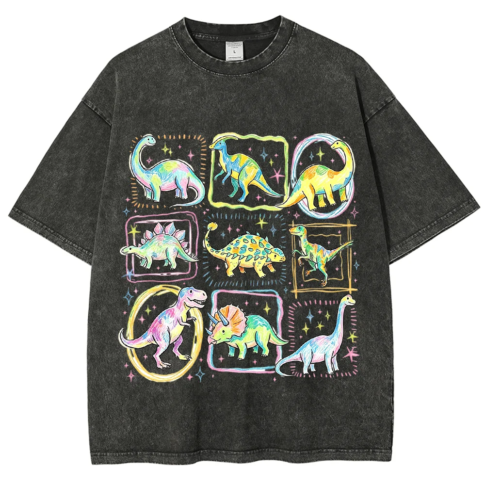 Vintage Washed Colorful Dinosaur Sketch Graphic T Shirt Unisex Retro Oversized Short Sleeve Tee Casual Streetwear Tops