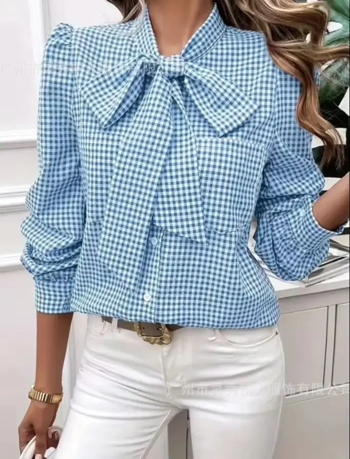 Women's Spring Casual Checkered Print Shirt Autumn Fashion Bow Tie Lace-up Long Sleeve Tops Lady Elegant Stacked Collar Blouses