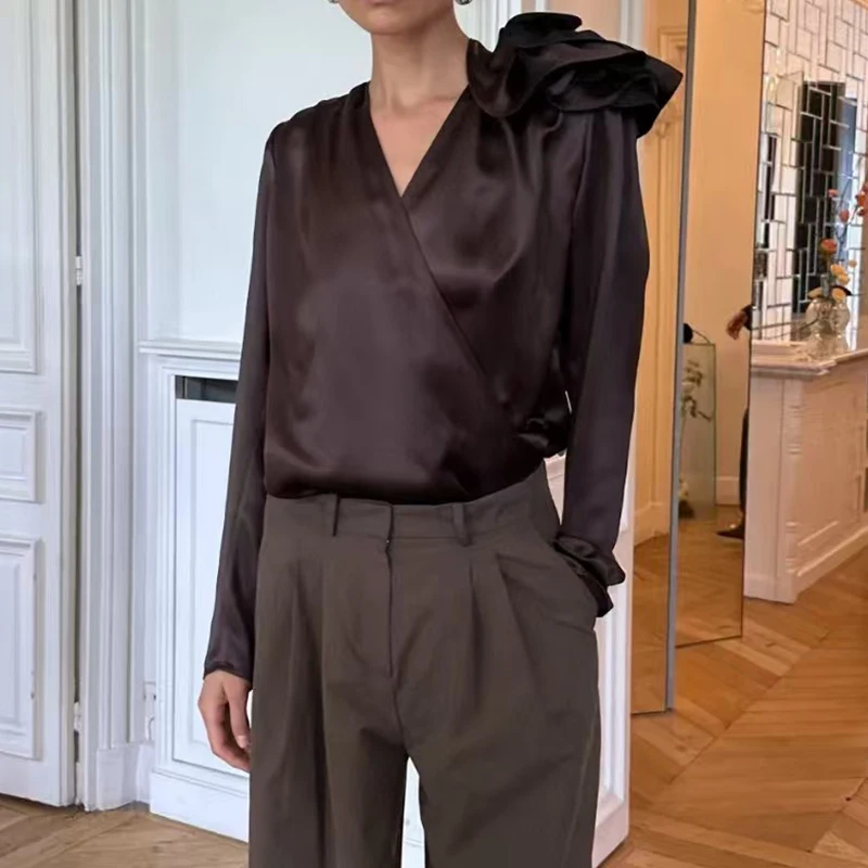 Handgemaakte bloemenrimpel-stropdasblouse voor dames, casual comfortabele mode-top, shirt van hoge kwaliteit, 2025, lente, nieuw, y2k