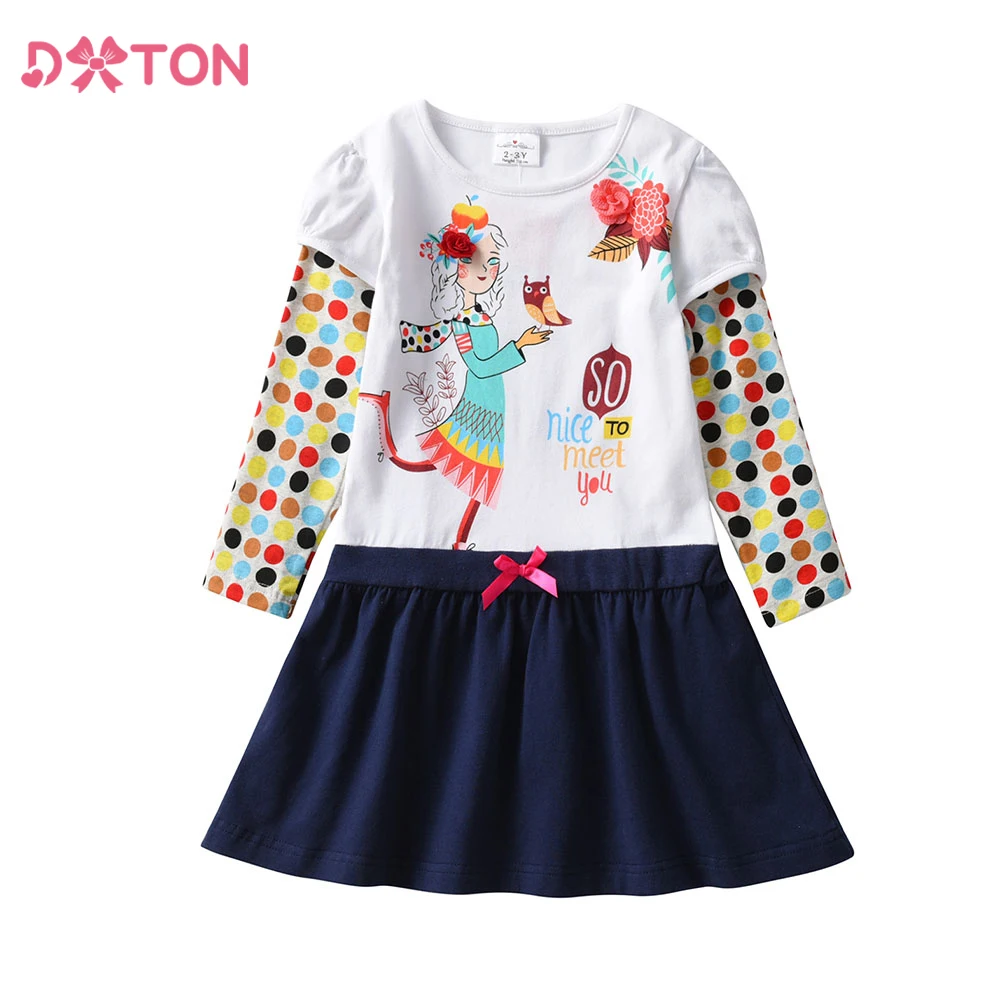 DXTON Cotton Girls Dresses Polk Dot Long Sleeve Kids Dress Floral Toddler Casual Clothes Letter Print Children Princess Dresses