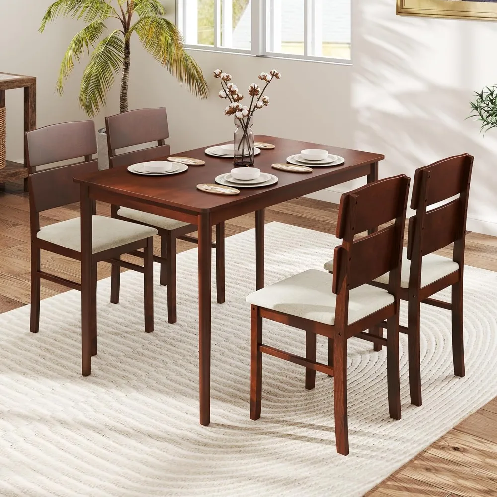 

5-Piece Dining Table Set for 4, Farmhouse Wooden Kitchen Table & 4 Upholstered Chairs with Padded Seat and Rubber Wood L