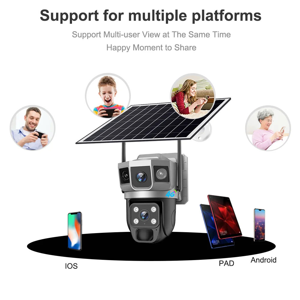 12MP Drei Bildschirm Solar Kamera 4G SIM Karte WiFi Smart Sicherheit Schutz Outdoor Eingebaute batterie Video Überwachung PTZ Kamera