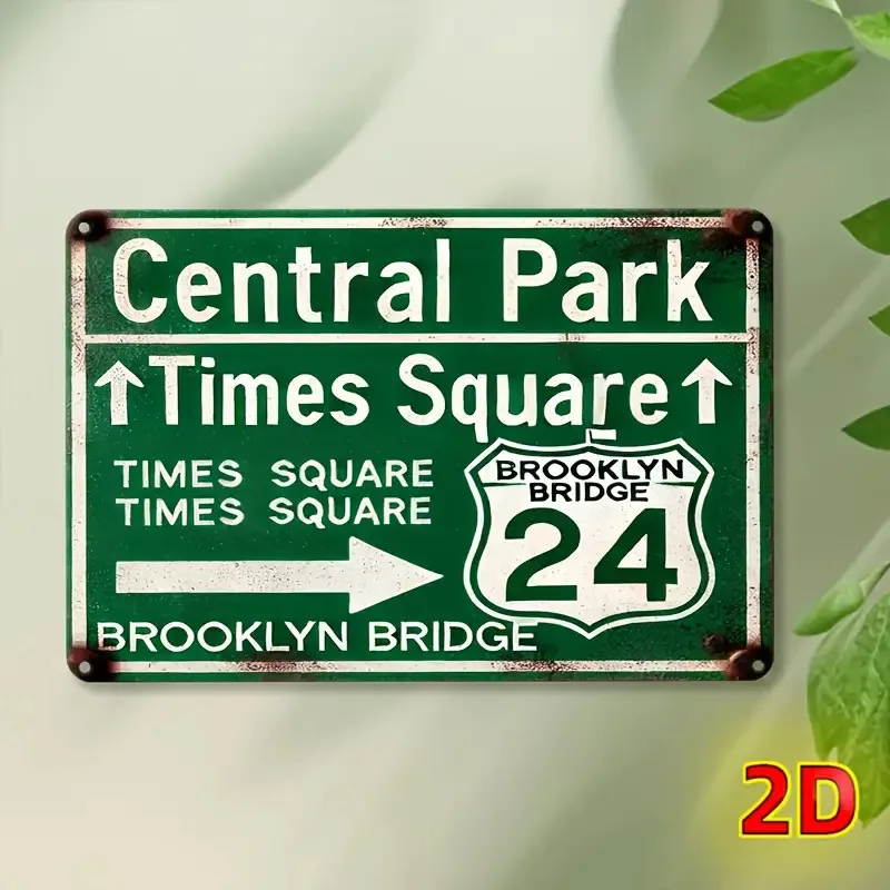 Vintage 2D Flat New York City Landmarks Retro Tin Sign - Central Park, Times Square & Brooklyn Bridge Route Themed Metal Wall De