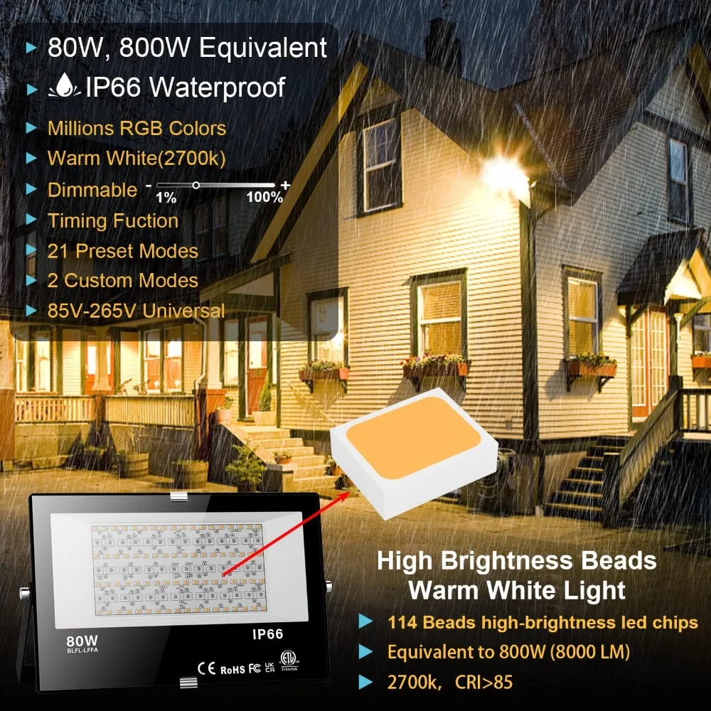 LED Flood Light Outdoor 800W Equivalent Bluetooth Smart Color Change Landscape Lighting DIY-Scene+RGB Colors+Warm White 2700K