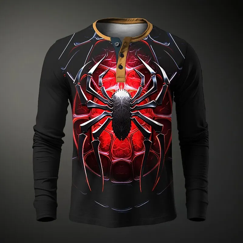

3D Spider Print Long Sleeve Henley T-Shirt For Men Fashion Cool Hip Hop Style Pullover Loose Breathable Crew Neck Button Clothes