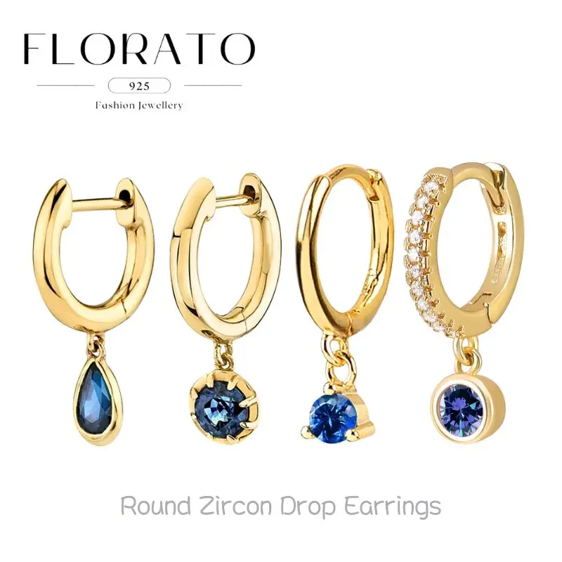 

FLORATO 925 Silver Needle Round Zircon Pendant Hoop Earrings For Women Vintage Natural Blue Crystal Fashion Wedding Jewelry Gift