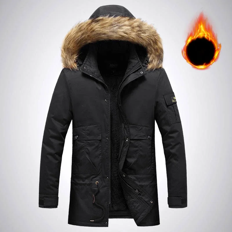 Winter Thick Cotton Jacket Casual Outdoor Windproof Warm Jacket with Fur Collar Mountaineering Lined Fleece-lined Workwear Parka