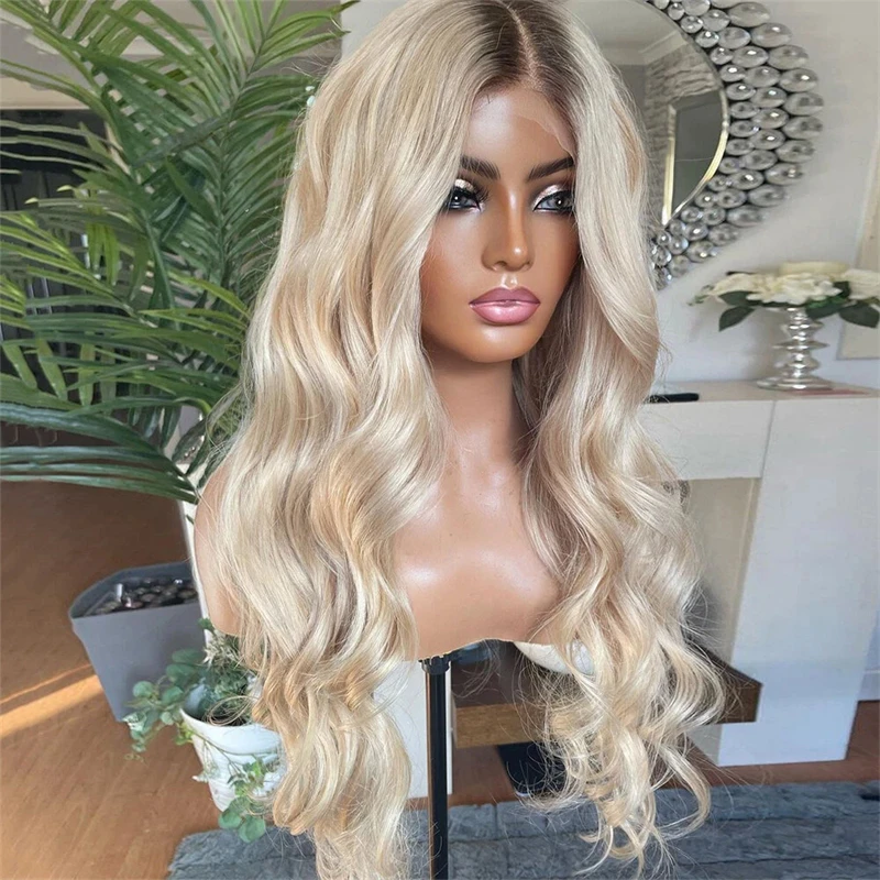 

High Quality Wigs Ombre Blonde Synthetic HD Lace Front Wig with Dark Roots Glueless Wig for Women Daily Use 28 Inches Free Part