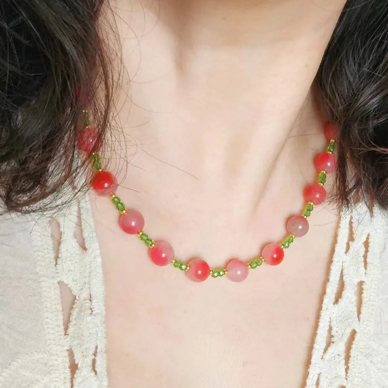 

New Fashion Retro Pink Round Beads with Green Rice Beads Necklace Bracelet Jewelry Set Summer Fresh Versatile Statement Jewelry