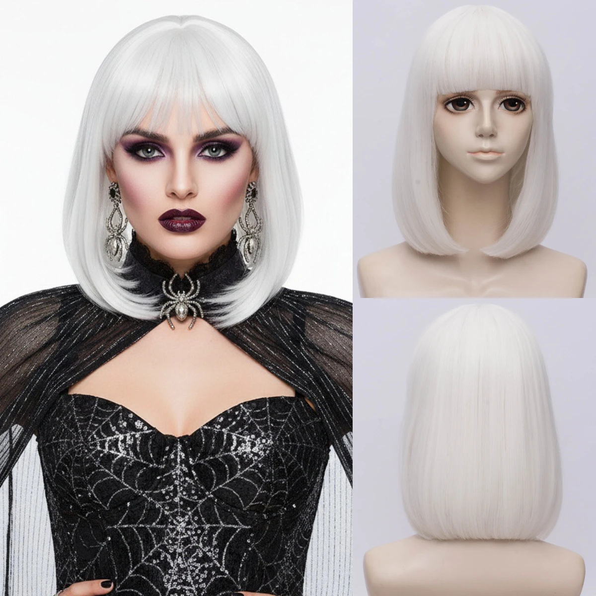 Parrucca bianca cosplay per feste di Halloween da donna corta dritta con frangia in fibra sintetica resistente al calore