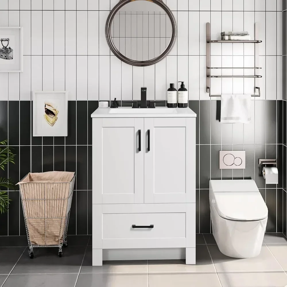 

24.5" Bathroom Vanity with Ceramic Sink with 2 Doors and 1 Drawer, Bathroom Vanities Floor Standing with Sink Combo Set