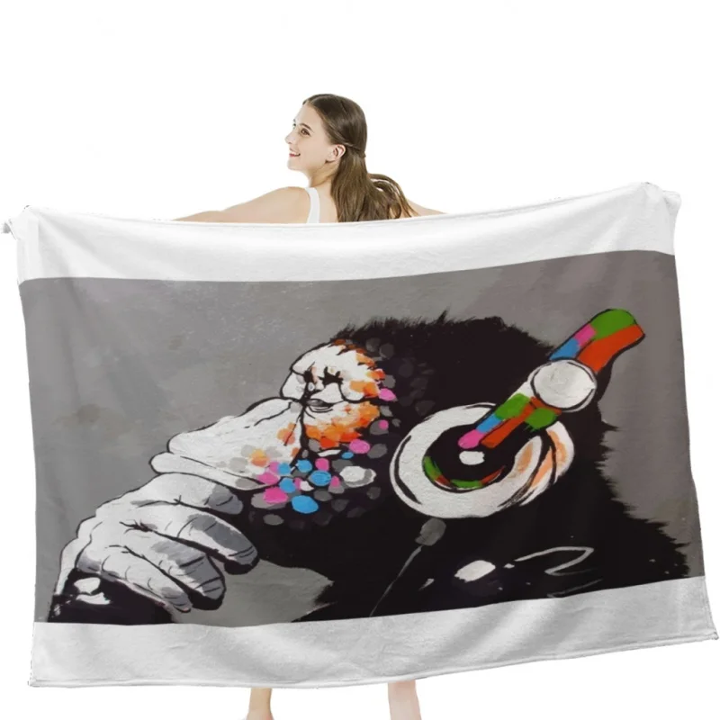 Banksy DJ Monkey Thinker with Headphones Throw Blankets Soft Velvet Blanket Travel Bedding Blanket