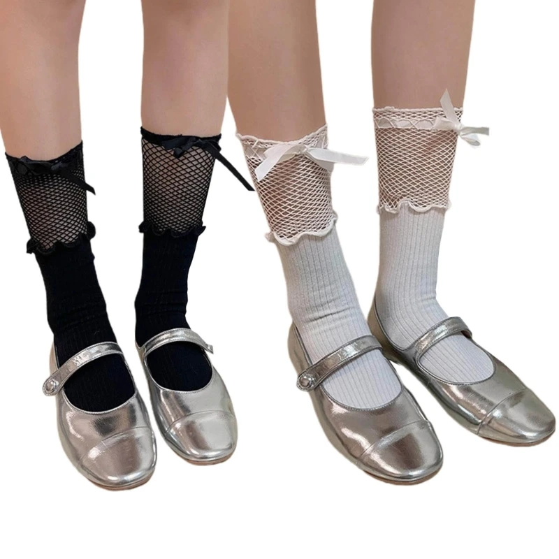 

Japanese Style Sweet Fishnet Stocking Frilly Over Calf Long Socks Student Girls Cute Bowknot Frilly Stockings for Women