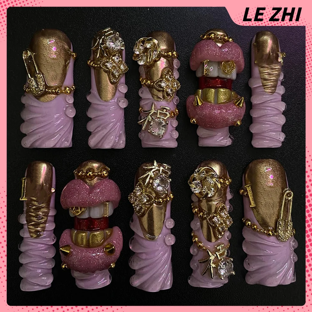 Европа Америка Y2K Spice Girl Длинная квадратная форма Ручная работа Пресс на ногтях Вода Бризли Губы Зубы Алмазный бант Цветы Накладные ногти