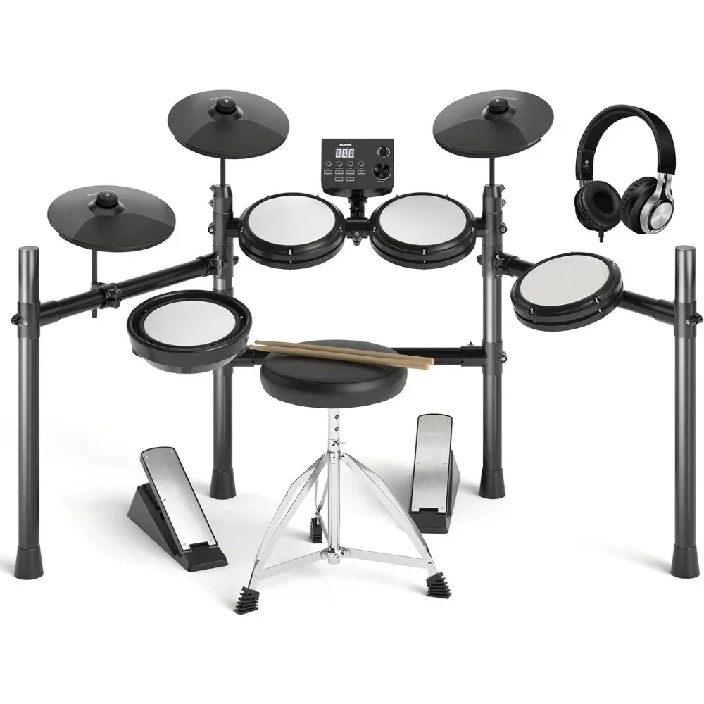 Electric Drum Set with Quiet Mesh Pads, Electronic Drum for Beginner,Throne, Headphones, Sticks, Included 15 Kits and 195 Sounds