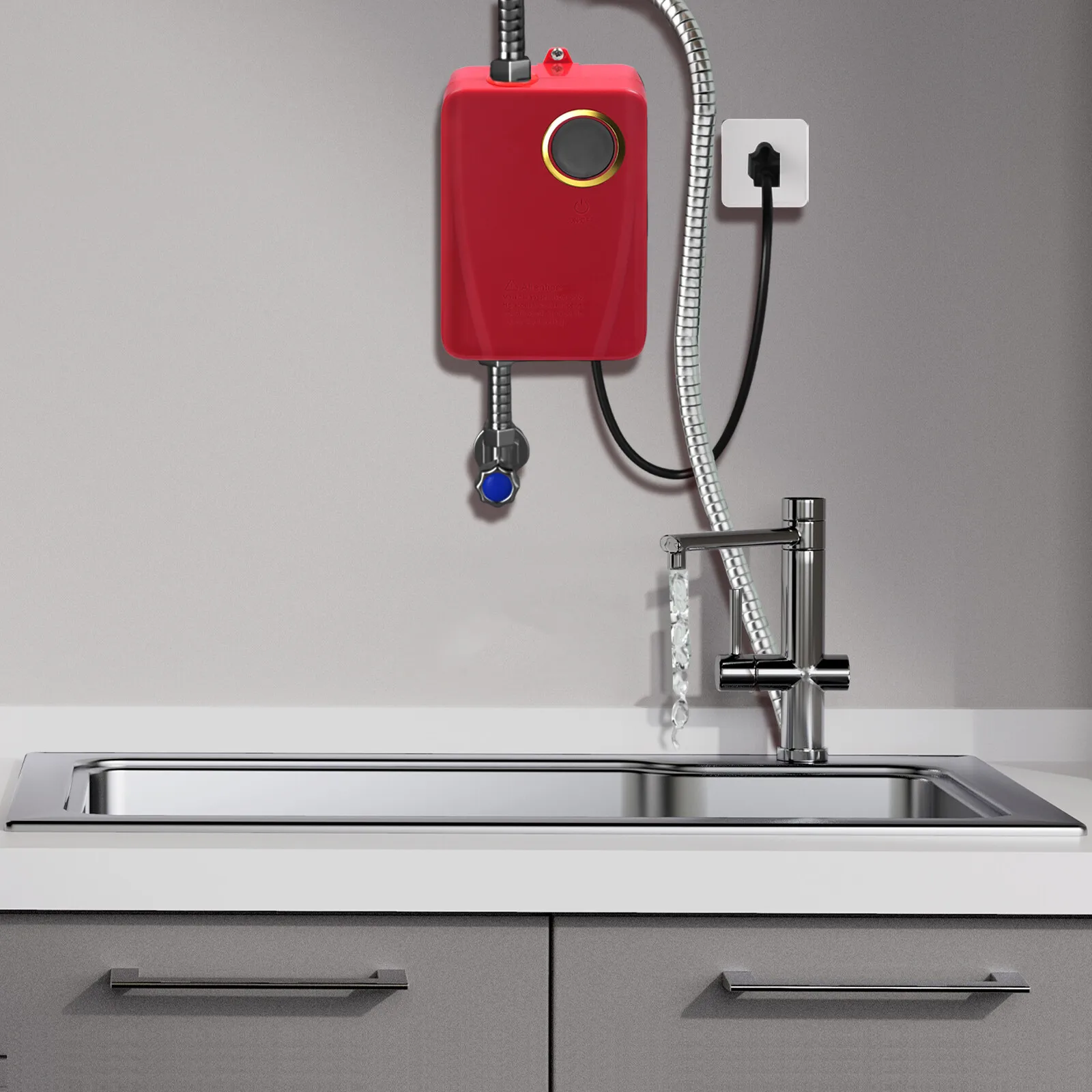 

Smart Red Instant Electric Water Heater With LED Display - 68-122°F Water Flow Temperature Adjustment, Memory Function&Brass