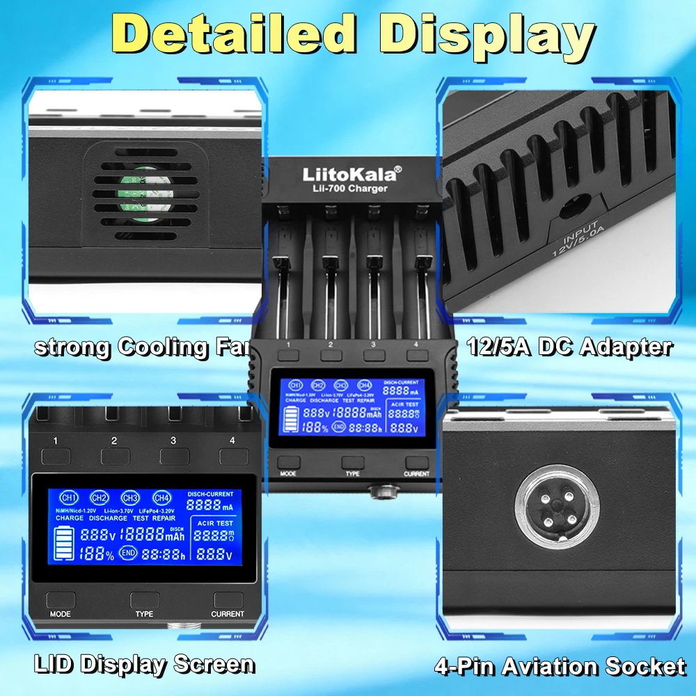 Liitokala Lii700 21700 18650 26650 Battery Intelligent Charger Four Slot Fast Charging Detectable Capacity Internal Resistance