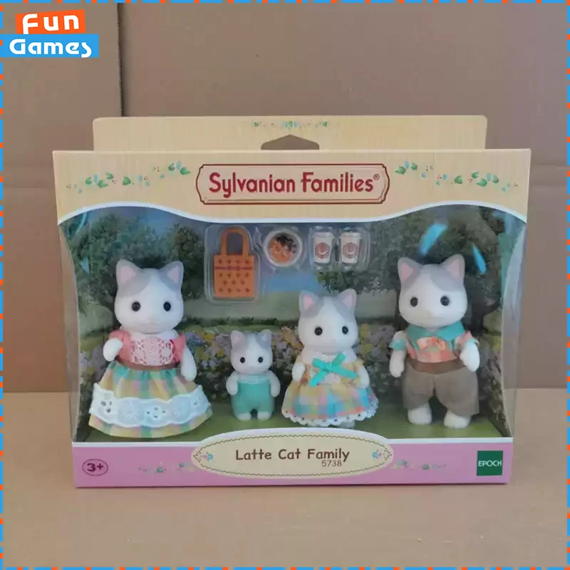 

Genuine Sylvanian Families Latte Cat Family Flocked Dolls Cute Animal Figures Pretend Play Toys Home Ornaments Collectible Gifts