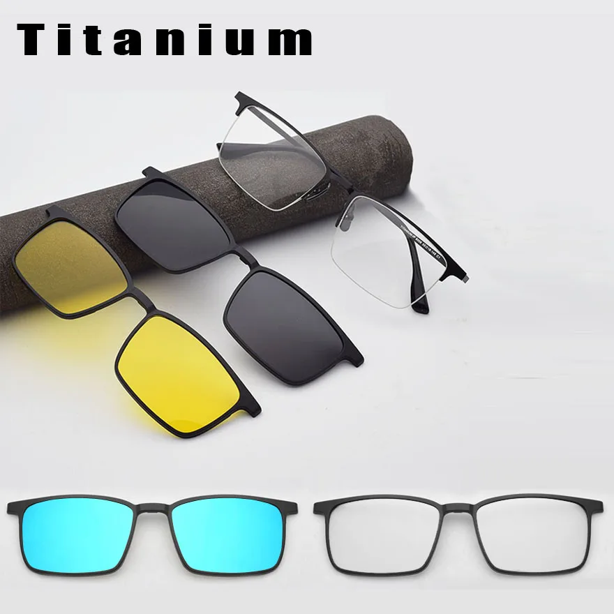 Titanium Big Glasses  Polarized Mirror Men's Prescription Myopia Magnetic Attraction Sunglasses Night Vision Clips On Glasses