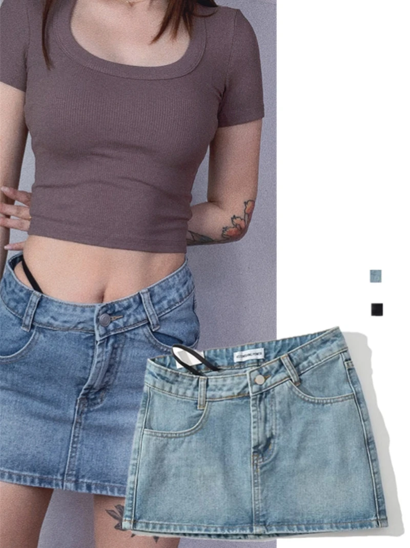 

Low Waist Design High Rise Asymmetrical Denim Skirt Sexy Versatile Trendy ort Pants Street Sle Pure Color A-Line Skirt
