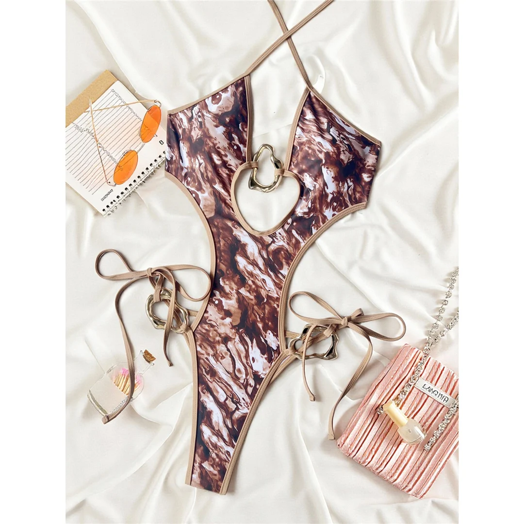 Leopard-Ausschnitt-Neckholder-Badeanzug, einteiliger Badeanzug für Damen, rückenfreier Monokini-Badeanzug mit hohem Beinausschnitt, Badebekleidung, Badeanzug, Modell V7709 – Detail 3