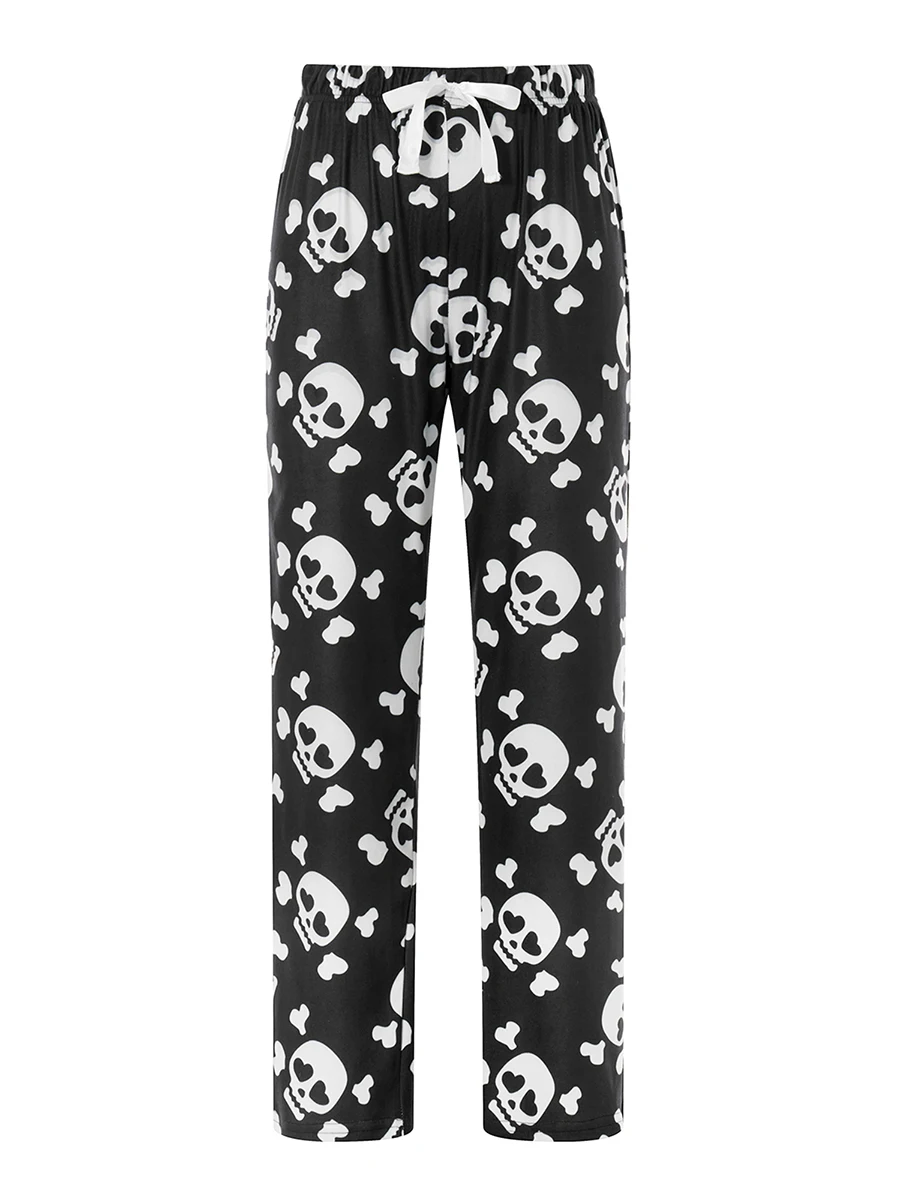 Women Christmas Skull Print Pajama Pants Elastic Waist Long Pants Skeleton Straight Pants Lounge Bottoms Sleepwear