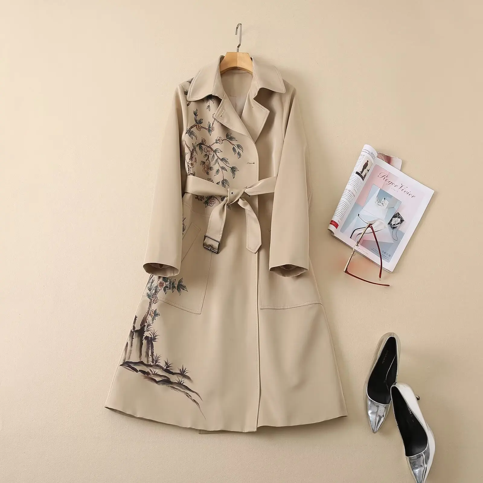 SEQINYY Elegant Long Trench Coat Spring Autumn New Fashion Design Women Runway Pockets Vintage Flowers Print High Street Belt